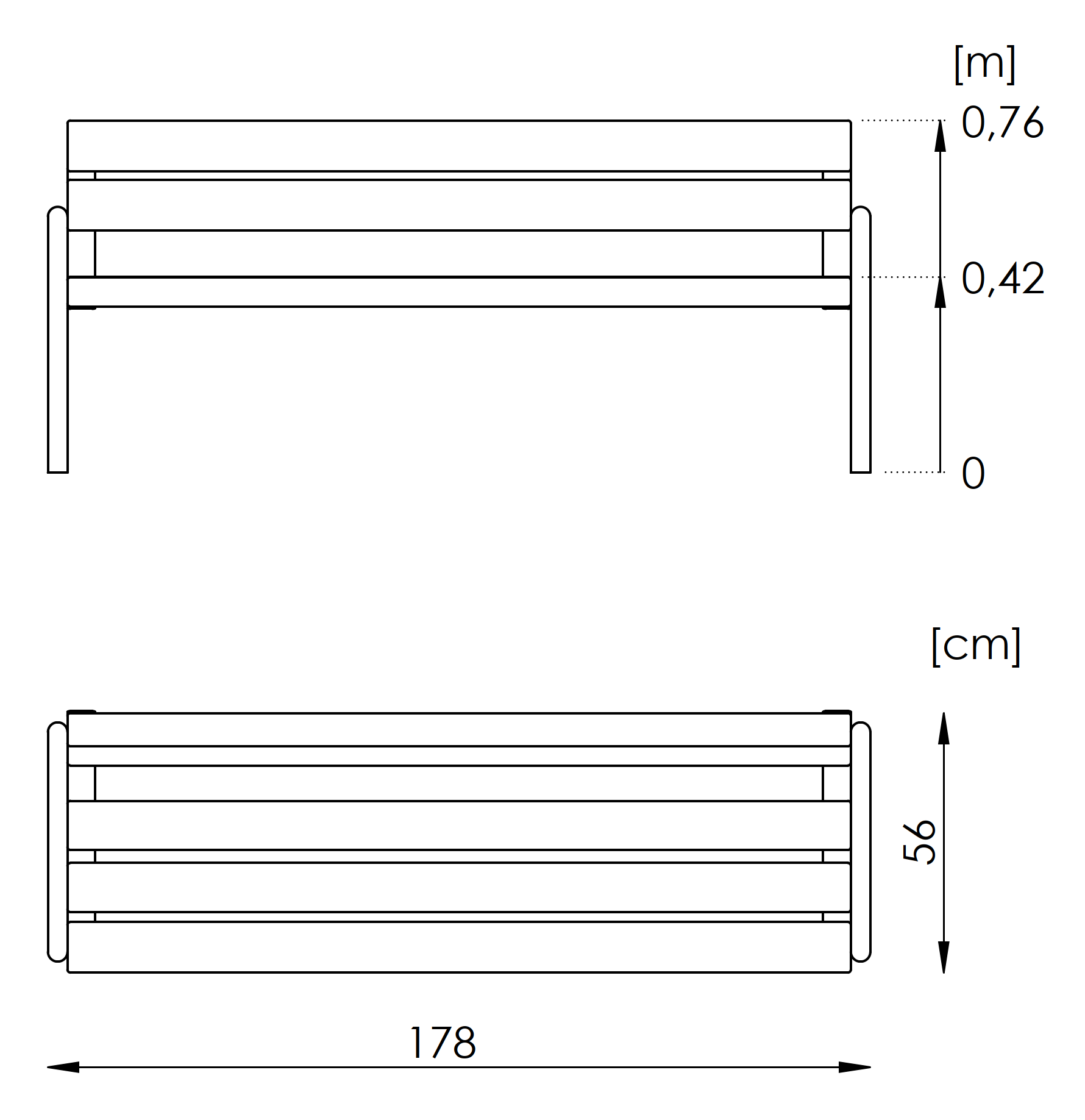 Kuva tuotteen Penkki selkä- ja käsinojalla DPL01 mitoista
