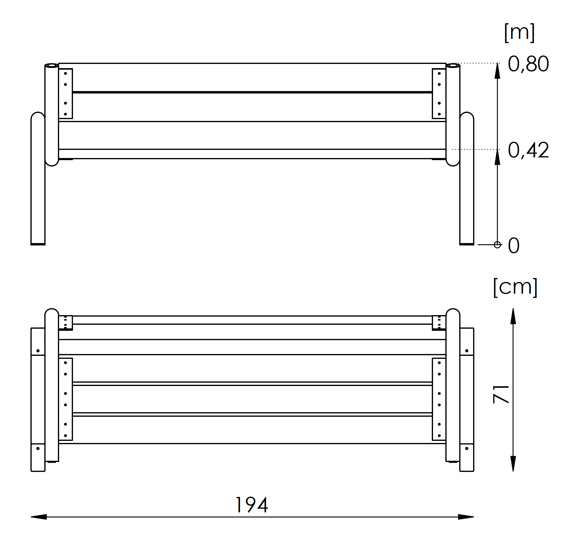Kuva tuotteen Penkki selkä- ja käsinojalla DPL02 mitoista